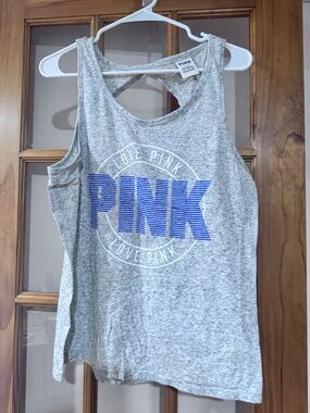 PINK Grey Marled Racerback Tank with Navy Logo